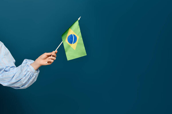 A woman with red hair holds a Brazilian flag, showcasing her love for language and culture.