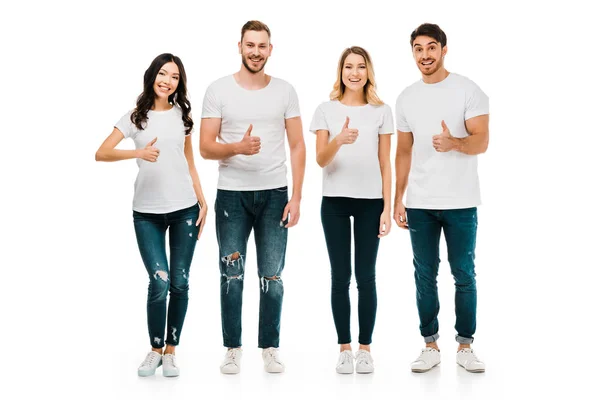 Vista completa de hombres y mujeres jóvenes felices mostrando los pulgares hacia arriba y sonriendo a la cámara aislada en blanco - foto de stock