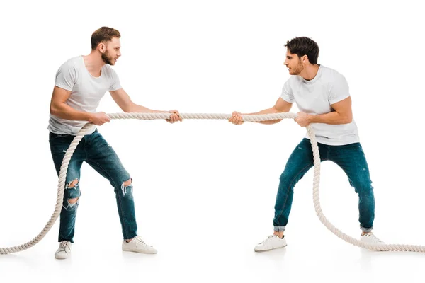 Homens jovens puxando corda e jogando puxão de guerra isolado no branco — Fotografia de Stock