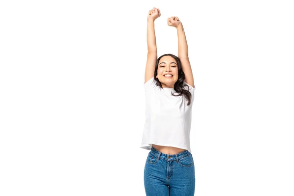 Smiling asian young woman stading with outstretched hands isolated on white — Stock Photo