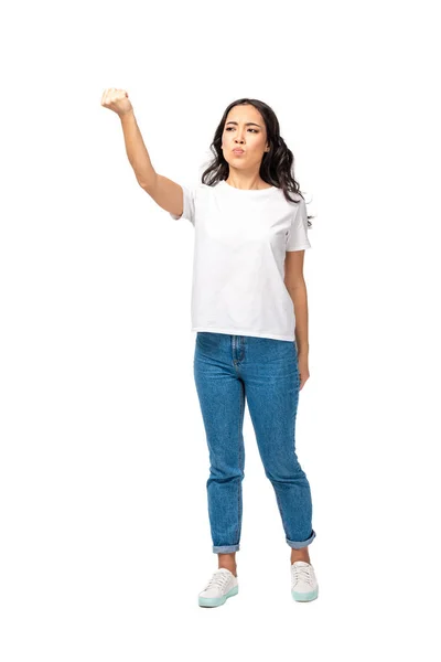 Enojado joven asiático mujer mostrando elevado puño aislado en blanco - foto de stock