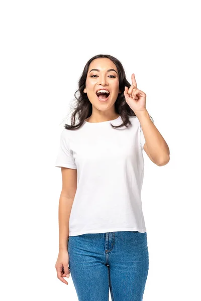 Excited asian woman showing idea gesture isolated on white — Stock Photo