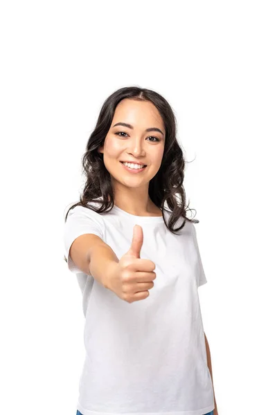 Smiling young asian woman showing thumb up isolated on white — Stock Photo