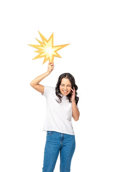 Frightened asian woman with closed eyes holding bang sign and closing ear isolated on white — Stock Photo