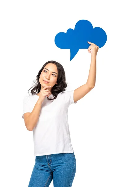 Dreamy asian girl with empty thought bubble above head, touching chin by hand isolated on white — Stock Photo