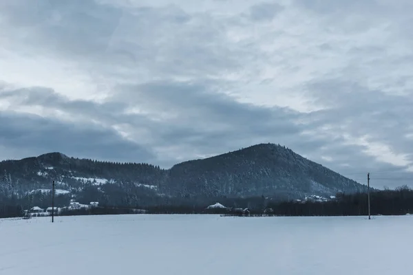 Scenic view of snowy carpathian mountains and cloudy sky in winter — Stock Photo