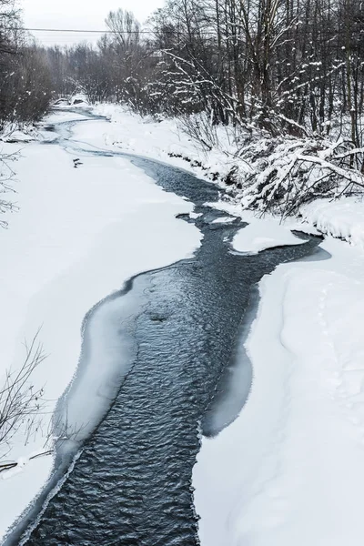 Ruisseau froid de montagne dans la forêt enneigée dans les carpates — Photo de stock