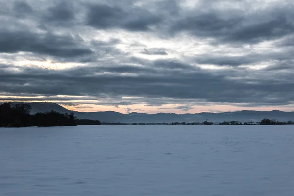 Paisaje de montañas carpáticas cubiertas de nieve con cielo nublado y árboles al amanecer - foto de stock