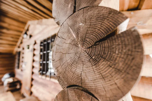 Fuoco selettivo di tronchi di legno di taglio in casa — Foto stock