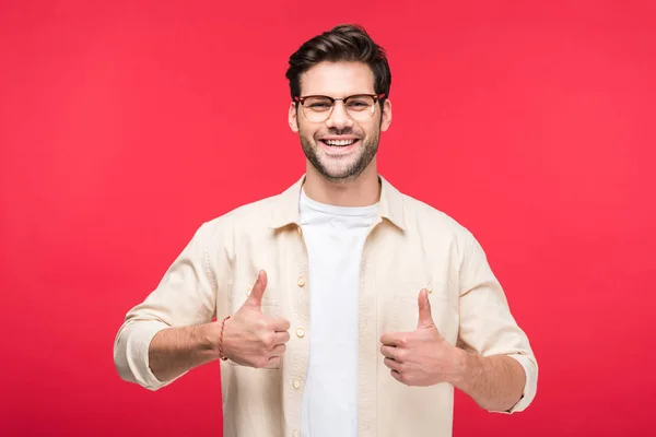 Happy handsome man showing thumbs up Isolated On pink — Stock Photo