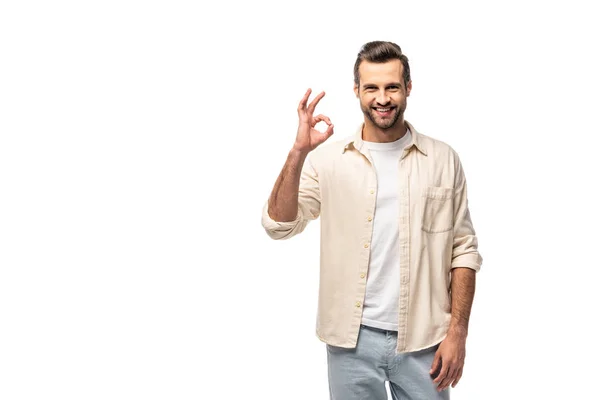 Homem feliz mostrando sinal ok isolado em branco com espaço de cópia — Fotografia de Stock