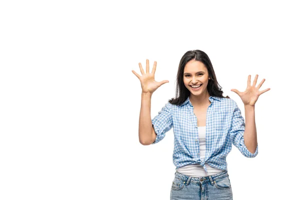 Chica feliz gesto con las palmas abiertas aislado en blanco - foto de stock