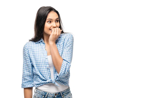 Excited girl biting nails Isolated On White with copy space — Stock Photo