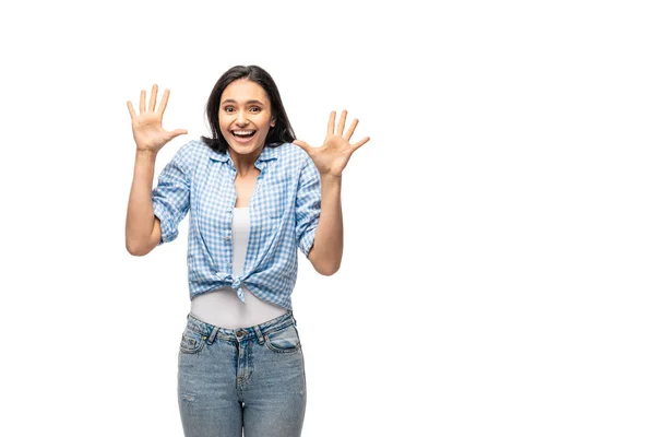 Aufgeregtes Mädchen gestikuliert mit offenen Handflächen auf weißem Grund — Stockfoto