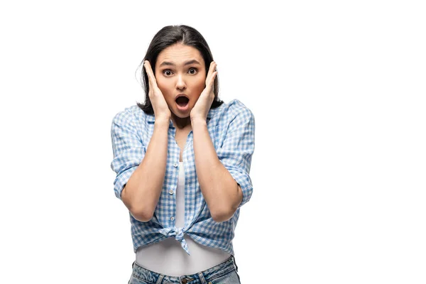 Shocked girl looking at camera and gesturing Isolated On White with copy space — Stock Photo