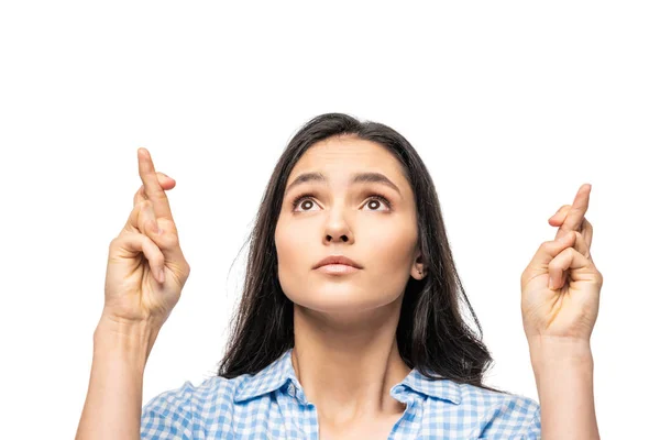 Schönes Mädchen mit gedrückten Daumen, das isoliert nach oben auf Weiß schaut — Stockfoto