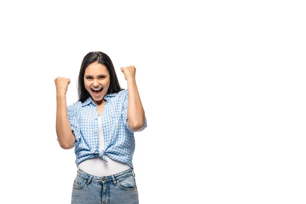 Щаслива дівчина жестикулює зі згорнутими кулаками Ізольовані на білому з копіювальним простором — стокове фото
