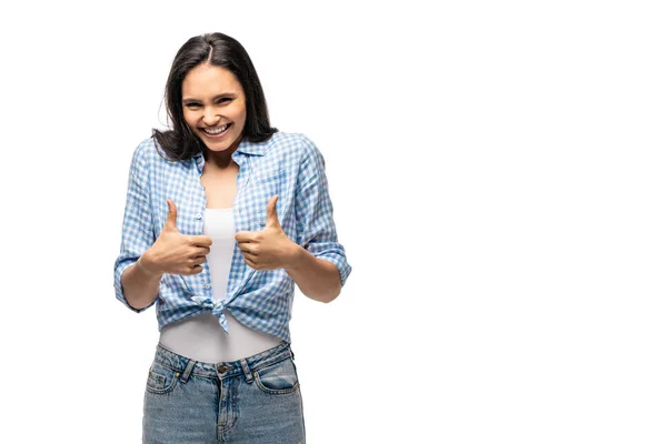 Menina feliz mostrando polegares para cima isolado em branco com espaço de cópia — Fotografia de Stock