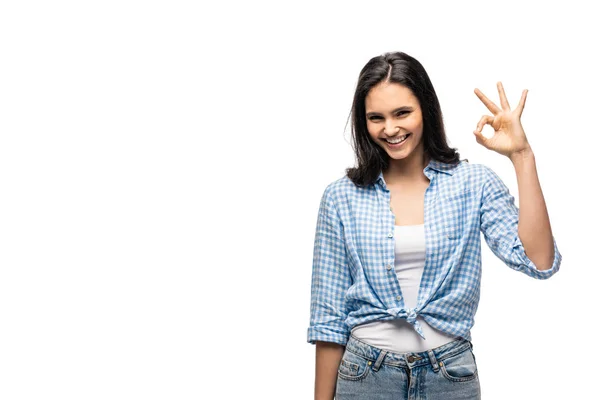 Feliz chica mostrando ok signo aislado en blanco con espacio de copia - foto de stock