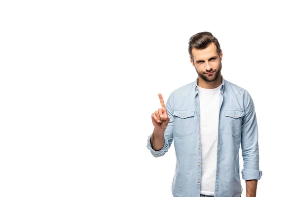 Bonito homem apontando com dedo isolado no branco com cópia espaço — Fotografia de Stock