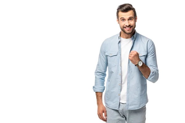 Excitado hombre Gestos con el puño cerrado Aislado en blanco con espacio de copia - foto de stock