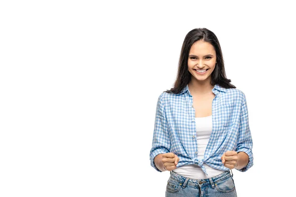 Menina feliz gesticulando com punhos apertados Isolado em branco com espaço de cópia — Fotografia de Stock