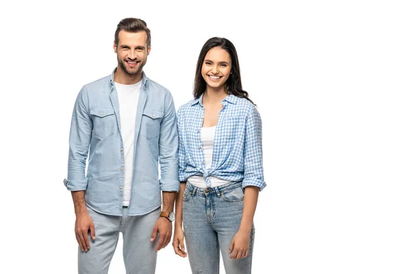 Smiling man and young woman looking at camera Isolated On White — Stock Photo