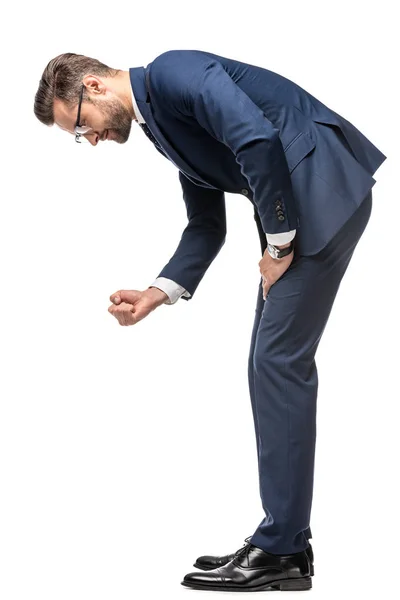 Hombre de negocios enojado en traje Gestos con puño cerrado Aislado en blanco - foto de stock