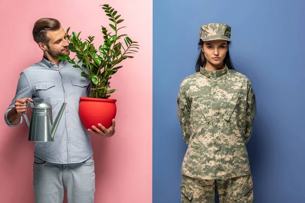 Uomo con annaffiatoio e pianta e donna in uniforme militare su blu e rosa — Foto stock