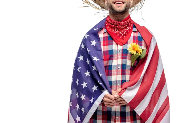 Vue recadrée de l'homme avec tournesol dans la poche couverte de drapeau américain isolé sur blanc — Photo de stock