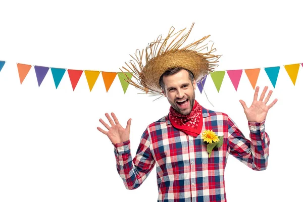 Felice uomo in paglia cappello gesturing vicino festivo ghirlanda isolato su bianco — Foto stock