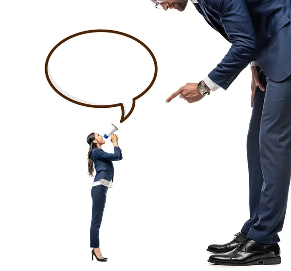 Small businesswoman shouting in mouthpiece at big businessman Isolated On White with Speech Bubble — Stock Photo