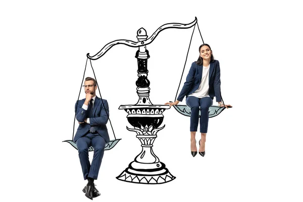 Businessman and businesswoman sitting on balance scales isolated on white — Stock Photo