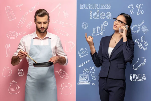 Hombre en delantal sosteniendo sartén mientras la mujer de negocios habla en el teléfono inteligente en azul y rosa - foto de stock