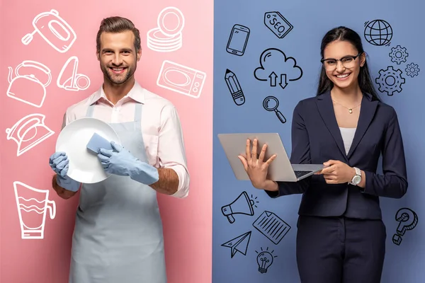 Homme dans la plaque de lavage de tablier tandis que la femme d'affaires en utilisant un ordinateur portable sur bleu et rose avec des icônes — Photo de stock