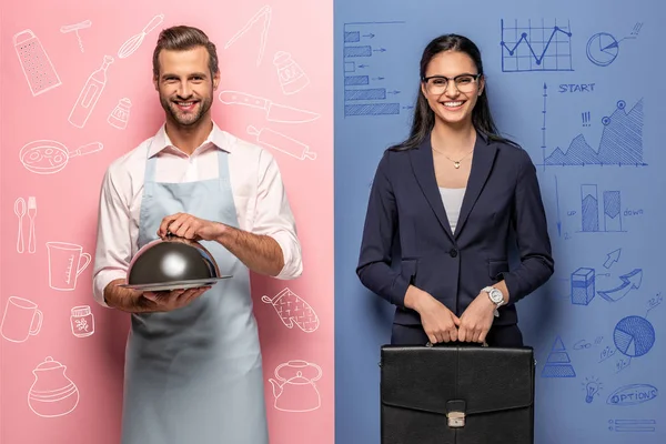 Smiling man in apron with Serving Tray and businesswoman with briefcase on blue and pink — Stock Photo