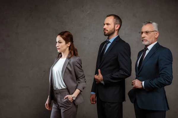 Приваблива бізнес-леді, що стоїть з рукою в кишені біля бізнесменів, торкається костюмів на сірому — стокове фото
