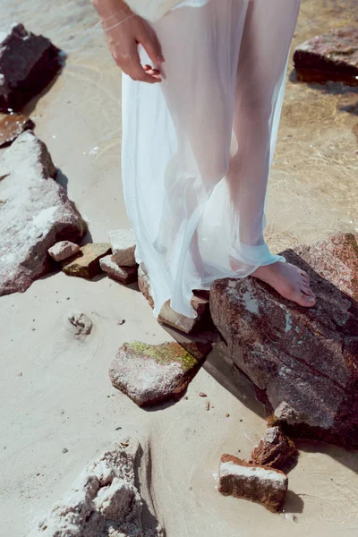 Vista recortada de la mujer en traje de cisne blanco de pie sobre rocas — Stock Photo