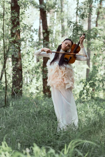 Mulher macia em traje de cisne branco em pé no fundo da floresta com violino — Fotografia de Stock