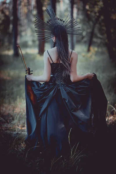 Вид ззаду брюнетка жінка в костюмі відьми, що йде по лісу, тримає скрипку — стокове фото