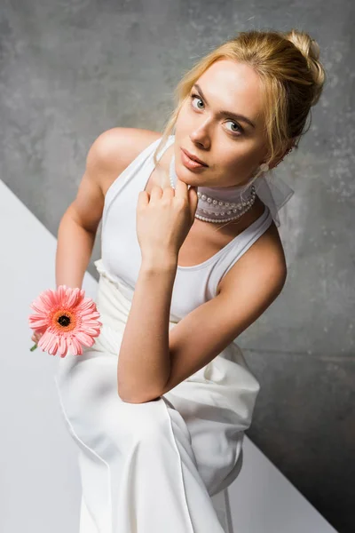 Overhead view of pretty girl sitting and holding pink flower on white and grey — Stock Photo