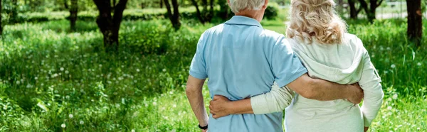 Panoramic shot of retired man hugging senior wife in green park — Stock Photo