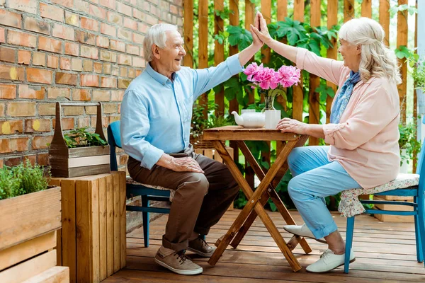 Alegre pareja de ancianos dando alta cinco mientras está sentado cerca de flores de color rosa en la terraza - foto de stock