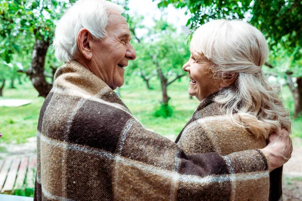 Senior husband hugging happy retired wife in plaid blanket — Stock Photo