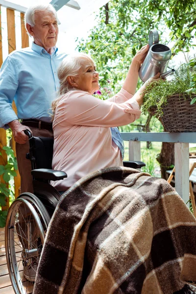 Vista de ángulo bajo de la mujer discapacitada senior sentada en silla de ruedas y planta de riego cerca del marido - foto de stock