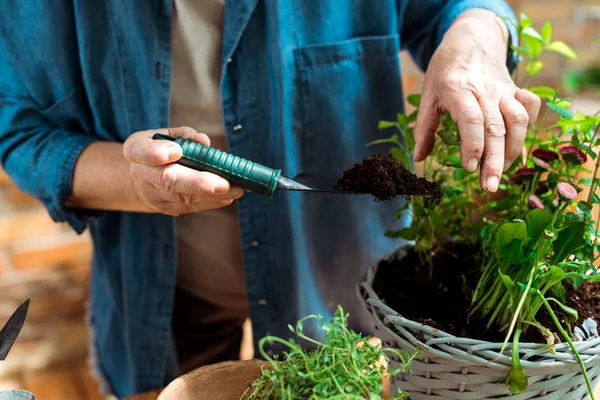 Ausgeschnittene Sicht auf Seniorin mit Schaufel und Boden in der Nähe von Blumentopf — Stockfoto