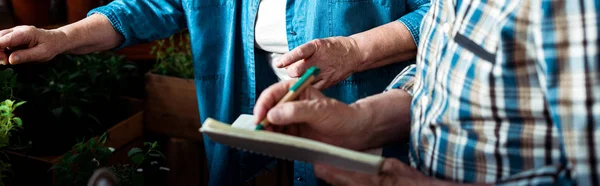 Panoramic shot of senior man writing in notebook near wife — Stock Photo