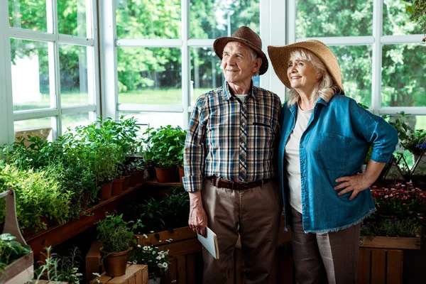 Selective focus of happy senior woman standing with hand on hip near husband — Stock Photo