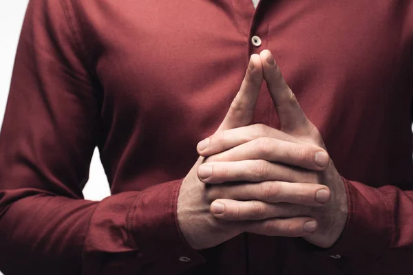 Cropped view of man showing attention gesture isolated on grey, human emotion and expression concept — Stock Photo