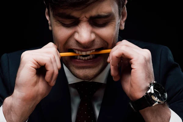 Angry businessman biting pencil isolated on black — Stock Photo